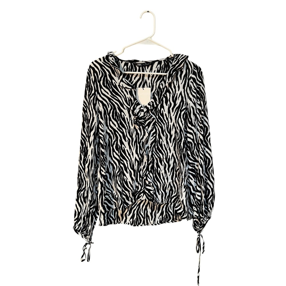 Zara Women's Size Small Zebra Print Blouse Long Sleeve Ruffle V-Neck Tie Sleeves